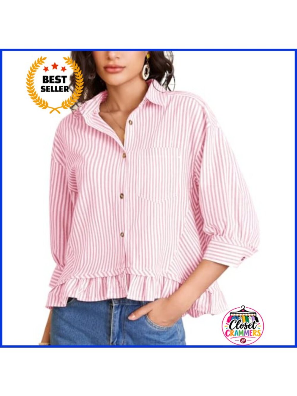 Striped Button Down Crop Top 3/4 Sleeve Ruffle V-Neck Cotton Blouse